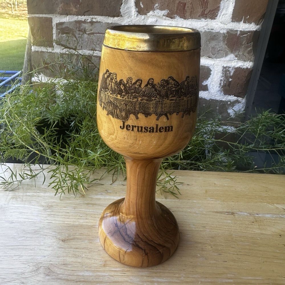 Olive Wood Chalice 8 Inch Last Supper Handcrafted Holy Land Art Made In Israel